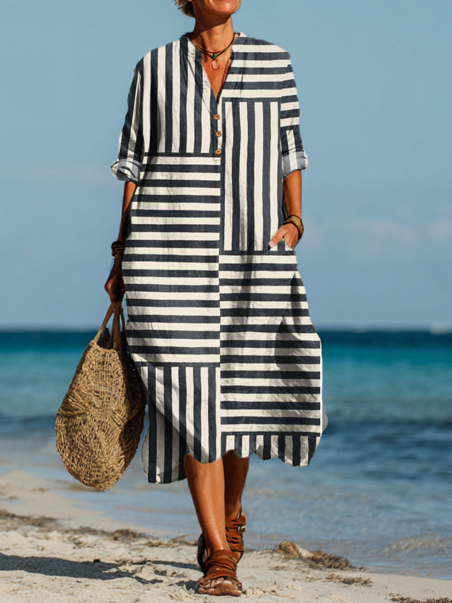 Mila | Women's Artistic Abstract Lines Printed Pocket Shirt Dress