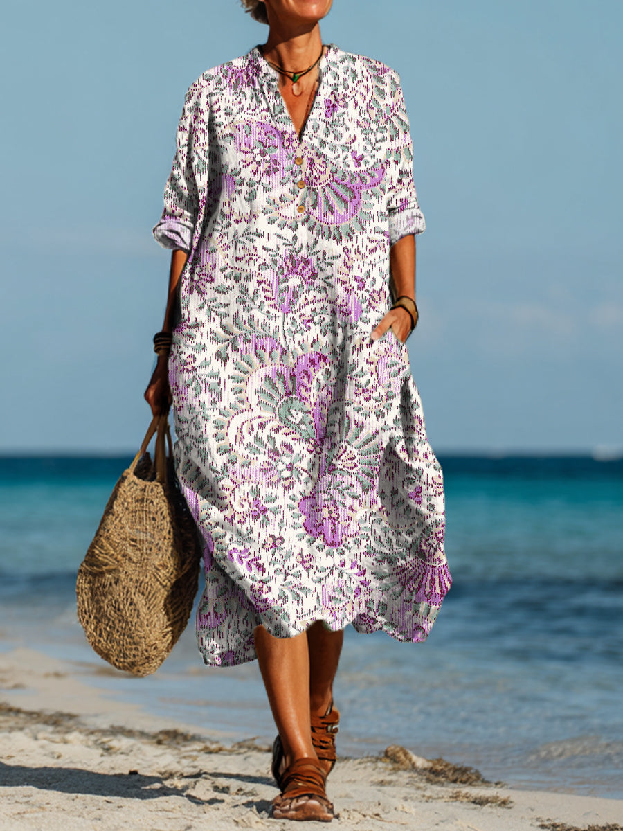 Dakota | Women's Purple Vintage Ethnic Pattern Printed Pocket Shirt Dress