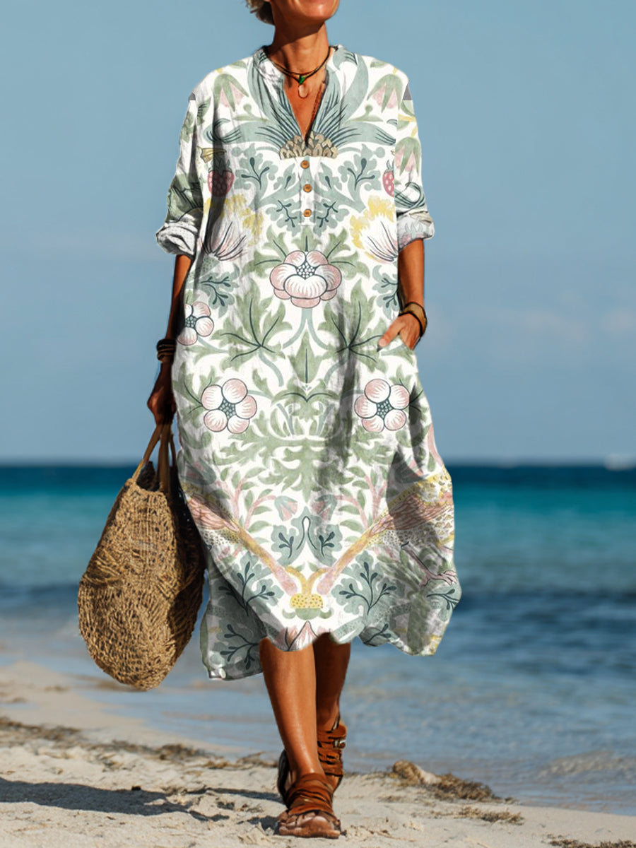 Danielle | Women's Vintage Art Flower Printed Pocket Shirt Dress