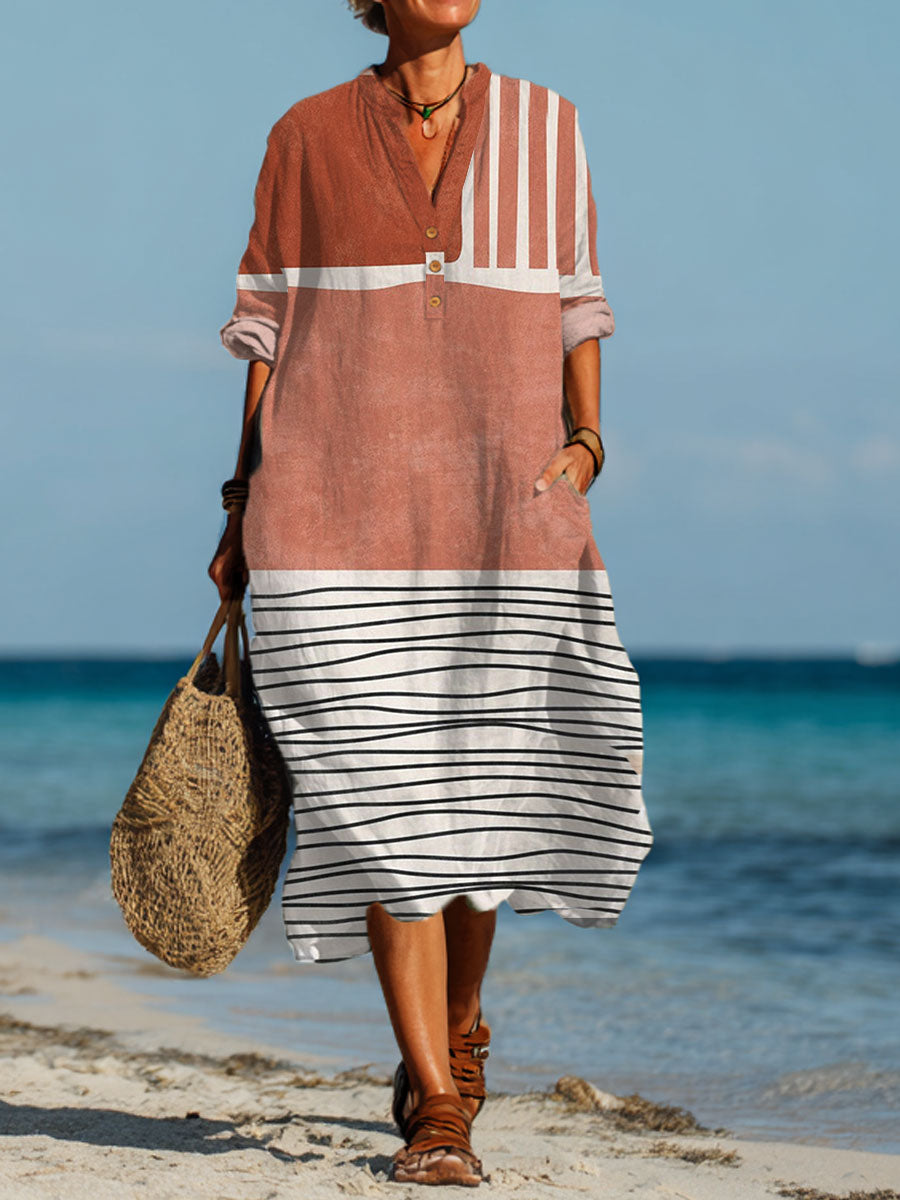 Nelly | Women's Vintage Abstract Geometric Art Printed Pocket Shirt Dress