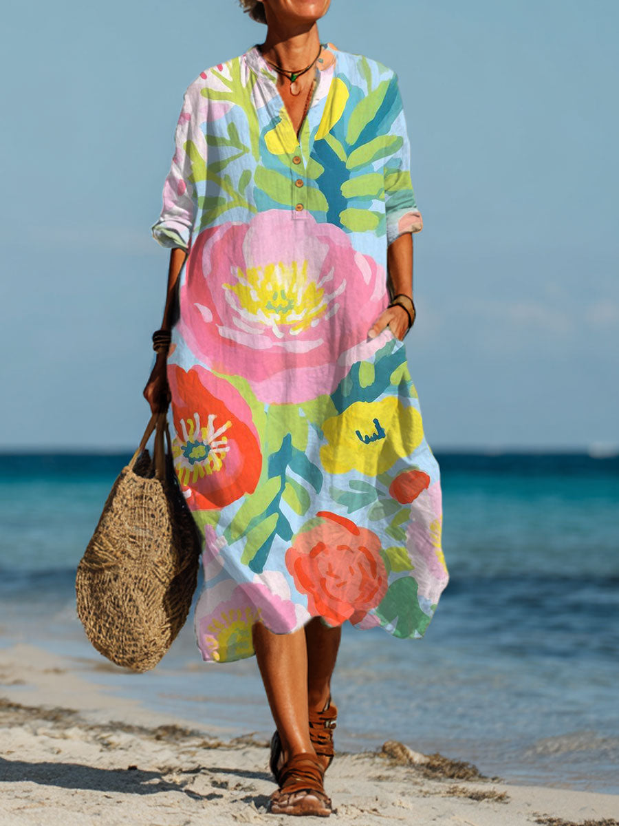 Perla | Women's Vintage Flower Art Printed Pocket Shirt Dress