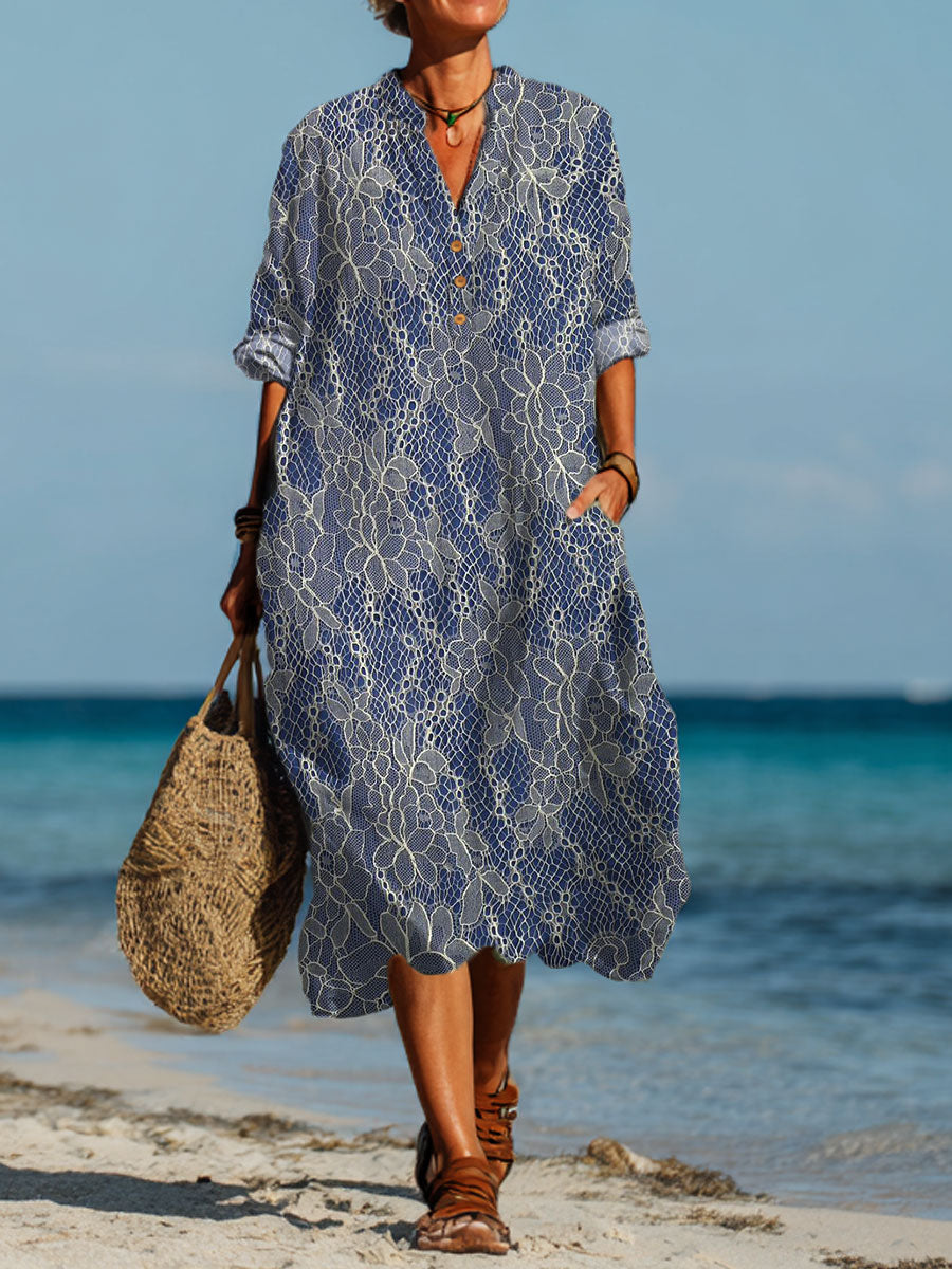 Linda | Women's Lace Vintage Flower Art Printed Pocket Shirt Dress