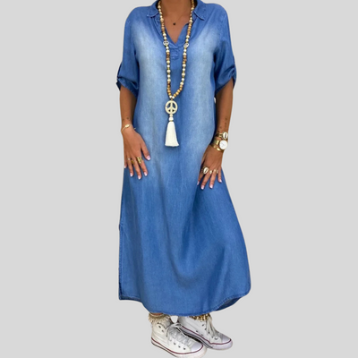 Lea | Long Denim-Look Dress with Side Slit